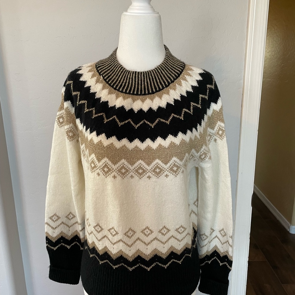 Ann Taylor NWT Cream, Gold and Black Fair Isle Sweater, Size “XS” - Picture 2 of 10